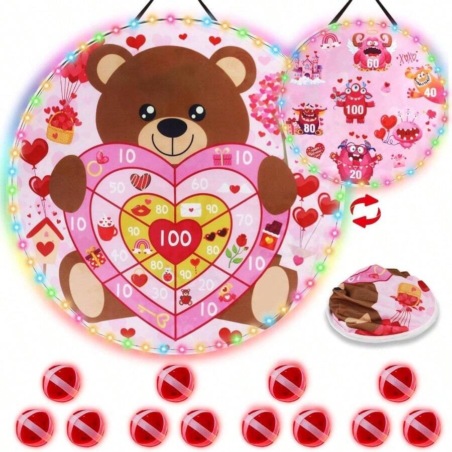 2 In 1 29 Inch Large Valentine's Day Dart Board With Sticky Balls, Large Valentine's Day Bear And Dart Board Game, Valentine's Day Party Supplies Indoor Outdoor DecorDouble Sided - Pink - View 1