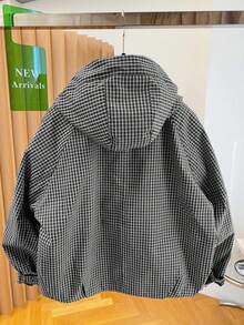 2025新款秋季女式格子连帽外套，宽松百搭短款防风大衣 - 黑白格 - 查看 2