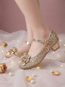 1 paire de talons hauts dorés pour filles 2026, chaussures de princesse élégantes, décorées d'un nœud doré et de strass pailletés, convenant pour les banquets, bals, mariages, fêtes, représentations, rassemblements familiaux et sorties - Doré - Voir 8