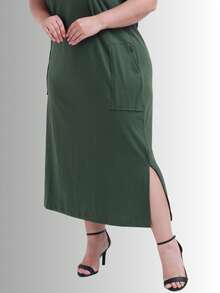 Set Of 2 Plus Size Casual Dresses With Pockets And Side Slit - 黑色/軍綠色 - 查看 5