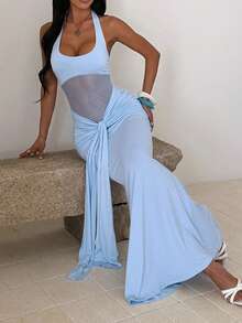 Sedessea Summer Dress, Blue Sexy See-Through Halter Tie Elegant Party Dress For Women, Dates, Gatherings, Parties, Travel, Vacation, Beach Wedding Spring - Baby Blue - View 4