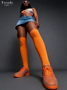 1 Paio di Calze Autoreggenti da Donna 50D, Elastiche, Non Si Sfilacciano Facilmente, Colore Arancione, Confortevoli e alla Moda per Primavera/Estate, Stile Universitario, Adatte per Ognissanti e Natale - Arancione - Visualizzare 4