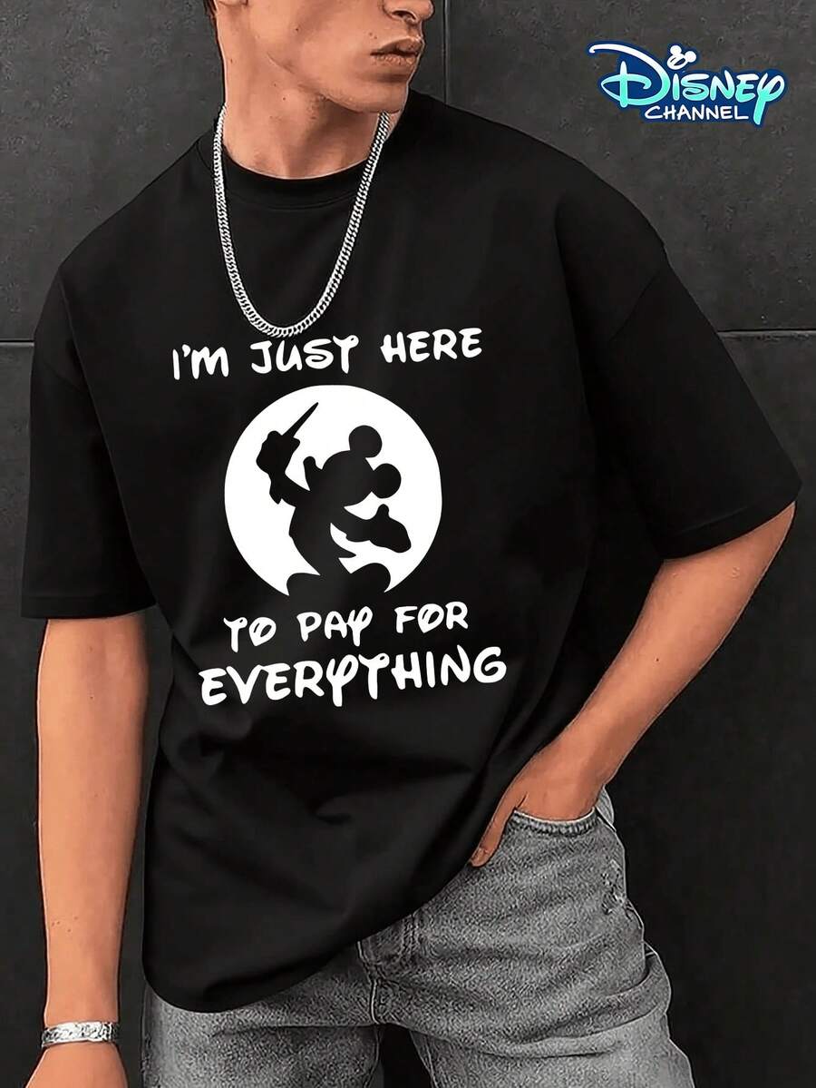 Disney Men's Casual T-Shirt, Mickey Mouse "I'm Just Here To Pay For Everything" Print, Humorous Graphic, Soft Fabric, Daily Wear - 黑色 - 查看 1