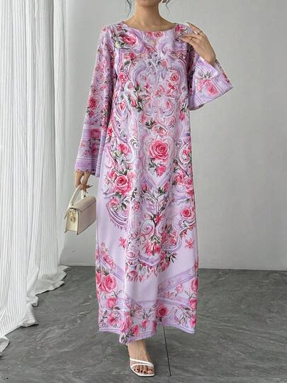 Women's Printed Casual Robe, Elegant Loose Long Dress, Luxury Holiday Party Gown, Traditional Arabic Abaya, Perfect Gift For Mom, Daughter, Friends For Ramadan, Eid, New Year, Valentine's Day