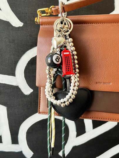Bag Charm With Telephone Booth, Faux Pearl Beads, #8 Ball & Braided Rope, Retro Keychain, Cute Purse Charm, Gift For Him Or Her Purse Accsesories