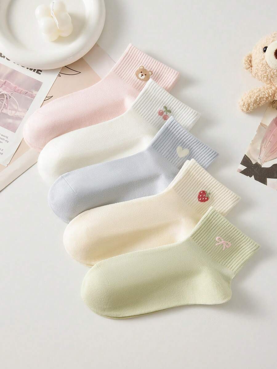 5 Pairs Women's Cute Sweet Breathable Cherry Bear, Heart-Shaped Strawberry, Bow Pattern Ankle Socks, Invisible Socks, White Socks, Pink Socks, Suitable For Casual Daily Wear, All Seasons - Multicolor - View 1
