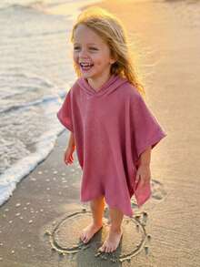 Kids Casual Hooded Cover Up Stylish Poncho Style Solid Color Lightweight Loose Fit Bathing Suit Wraps For Pool Beach - 藕粉色 - 查看 4
