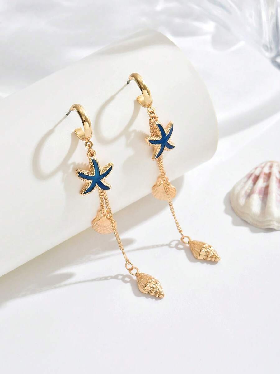 1 Pair New Creative Ocean Beach Vacation Style Fashion Minimalist Long Tassel Starfish Shell Dangle Earrings - Yellow Gold - View 1