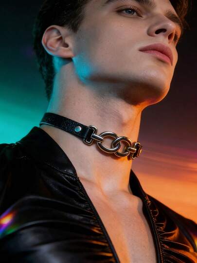Colar gargantilha unissex em couro preto com design de anel duplo de metal | Estilo gótico punk | Corrente ajustável para homens e mulheres | Acessório de moda Y2K