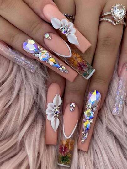 Press On Nails Extra Long French False Nails White Flower Rhinestones Design Full Cover Coffin Nails Artificial Stick On Nails Square Acrylic Nails Reusable Glue On Nails For Women 24Pcs