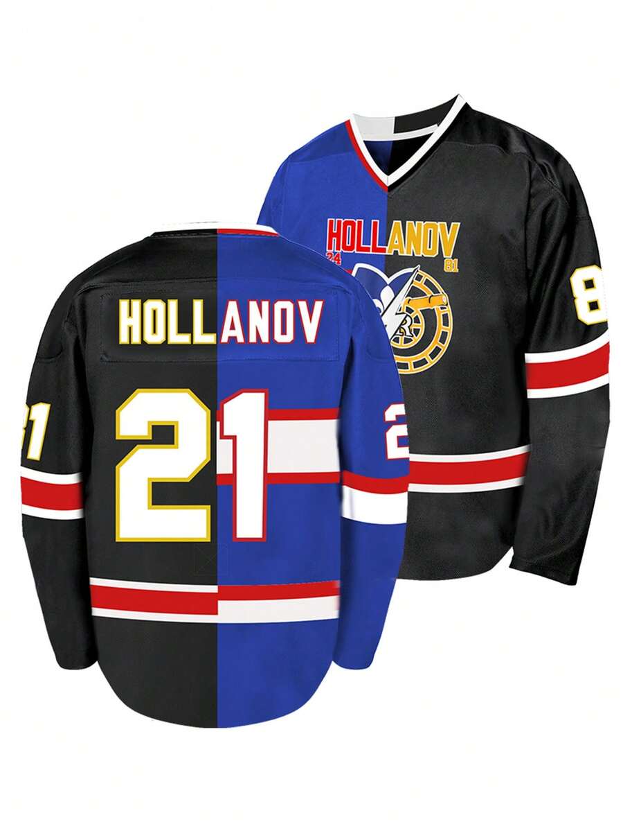 Men's 24/81 Black And Blue Ice Hockey Jersey Casual Long Sleeved Embroidered Stitching V-Neck T-Shirt Party Sports Top - Multicolor - View 1