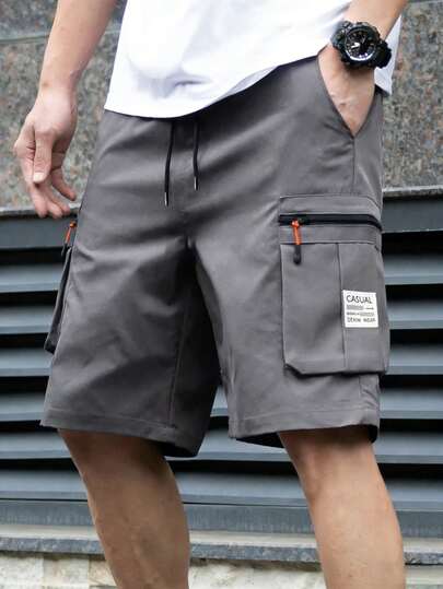 Men's Casual Solid Color Pants, Spring/Summer Lightweight Outdoor Sports Straight Leg Multi-Pocket Trousers, Fashionable Drawstring Design Shorts