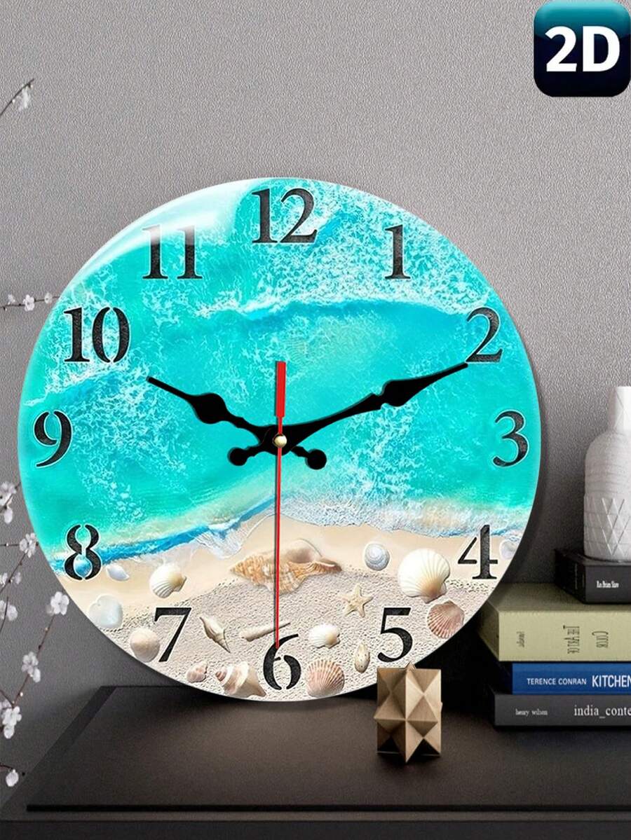 Reloj de pared con pilas con tema de playa, reloj silencioso con tema de playa con patrón de conchas y estrellas de mar - Funciona con pilas, decoración redonda de madera para el hogar (Pilas no incluidas) - Multicolor - Ver 1