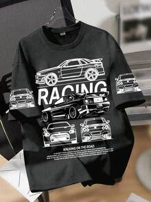 1 Stück Rennthema Kurzarm T-Shirt für Jungen, schwarz-weiße Linienkunst Akzente, weiches Material, stilvolle Jugend Frühlings- und Sommer-Mode - Dunkelgrau - Übersicht 1