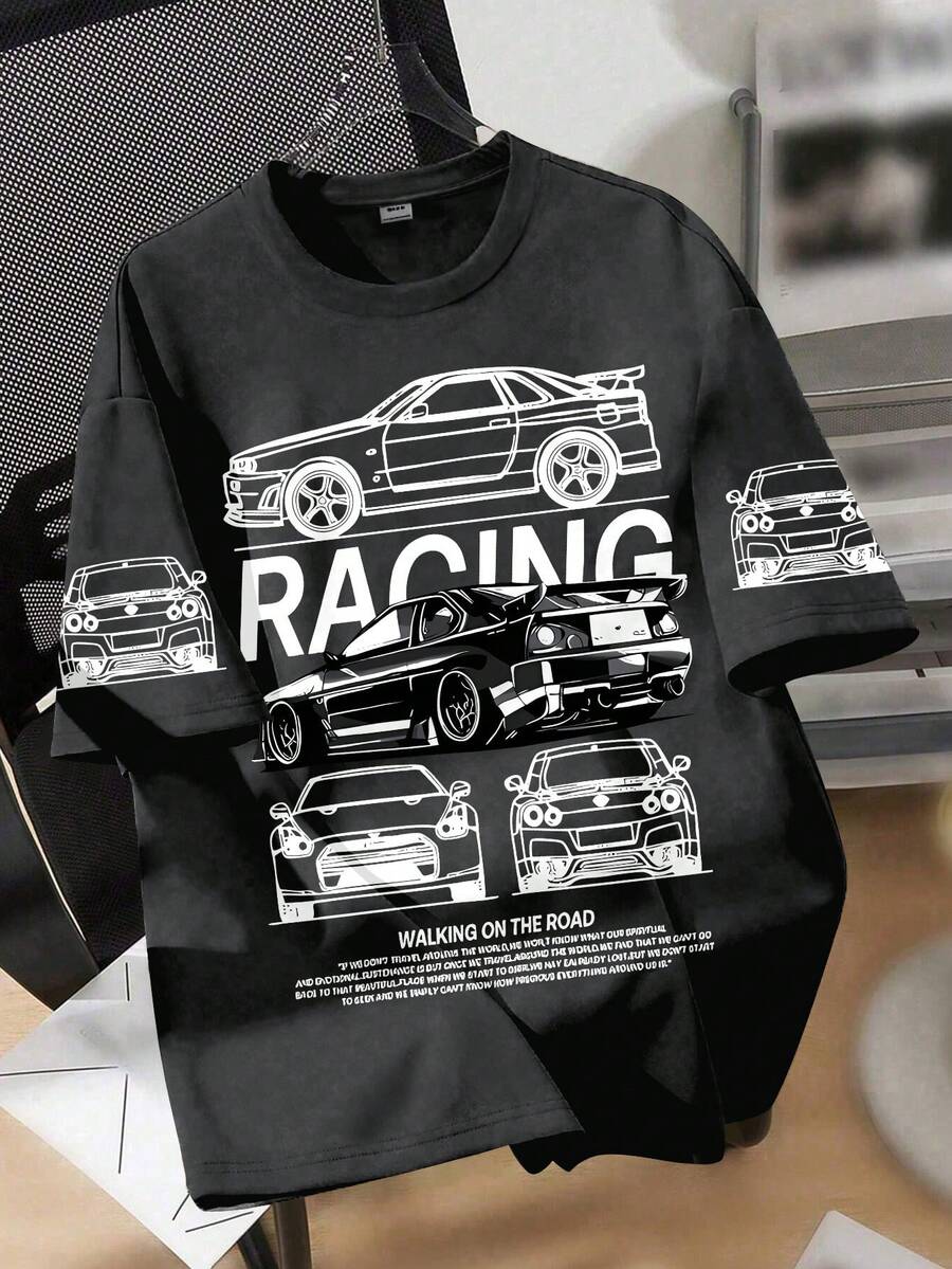 1 Stück Rennthema Kurzarm T-Shirt für Jungen, schwarz-weiße Linienkunst Akzente, weiches Material, stilvolle Jugend Frühlings- und Sommer-Mode - Dunkelgrau - Übersicht 1