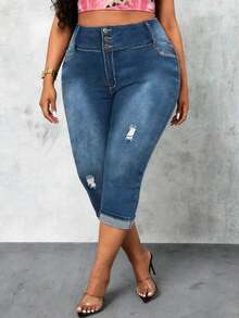 Women's Plus Size Capri Skinny Jeans Fashion High Stretch Washed Denim Shorts Distressed Design Three Button Closure - Blue - View 4