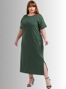 Set Of 2 Plus Size Casual Dresses With Pockets And Side Slit - 黑色/軍綠色 - 查看 2