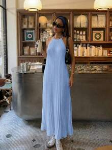 2026 Spring/Summer New Elegant Casual Commute Daily Date Holiday Travel Tea Party Beach Backless Halter Beige Dress, Suitable For Valentine's Day Date, Daily Wear, Party, New Year, Street Style, Graceful Attire, Ladies' Elegant Top, Summer Holiday Outfit - Blue - View 3