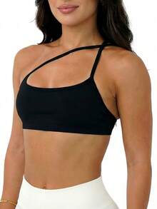 ATTRACO Sutien sport fără cusături, solid, sexy, pentru yoga, cu căptușeală și bretele detașabile, bluze sport pentru alergare pentru femei - Negru - Vizualizare 1