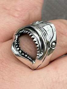 1pc Men's Fashionable Retro Personalized Hip-Hop Creative Summer Beach Shark Shaped Ring, Wedding Engagement Party Jewelry Gift - Shark - View 10