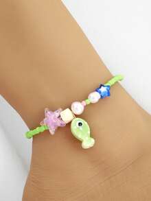 Tobillera con diseño lindo de peces y estrellas de mar al estilo del océano, adecuada para usar en fiestas de playa o para uso diario - Verde - Ver 1