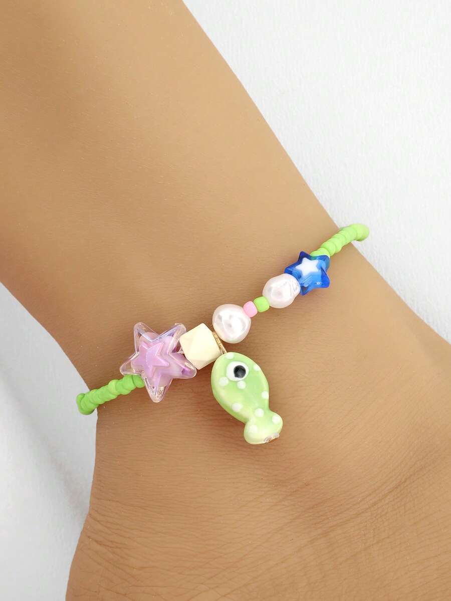 Tobillera con diseño lindo de peces y estrellas de mar al estilo del océano, adecuada para usar en fiestas de playa o para uso diario - Verde - Ver 1
