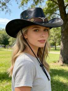 1 pieza Sombrero de sol unisex con cinturón y decoración de remaches, adecuado para actividades al aire libre en primavera, verano y otoño. Sombrero de ala ancha, estilo vaquero occidental. - sombrero de vaquero de cuero - Ver 2