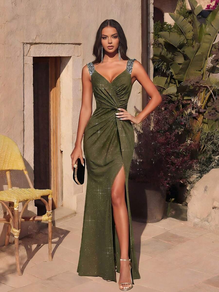 EVERPRETTY Spring Women's Elegant Contrast Sequin Shoulder Strap V Neck Cross Ruched High Waist Mermaid Long High Slit Olive Green Formal Dress, Date Night Formal Dinner Birthday Party Holiday Party Family Reunion,New Year, Valentine's Day Wedding