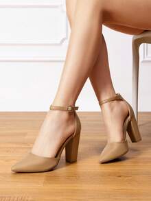 Women Ankle Strap Chunky Heel High Heels Pumps Closed Pointed Toe Fashionable Elegant Wedding Pump Shoes - 駝色 - 查看 4