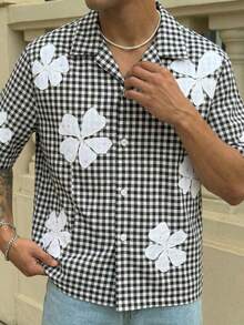 男士格子印花衬衫，宽松黑白格子上衣，方领领衬衫，街头风印花衬衫 - 彩色 - 查看 3