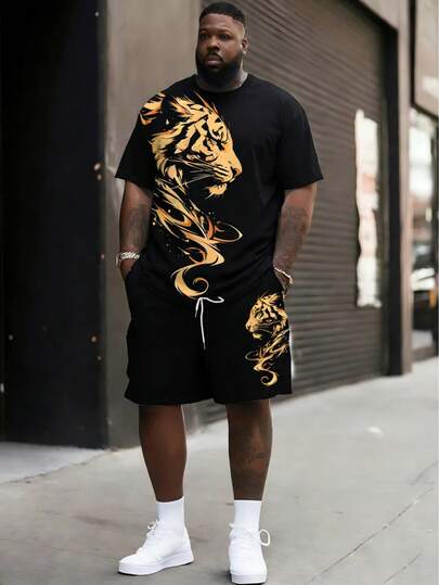 加大码男士黑金虎纹印花短袖短裤套装，宽松显瘦时尚两件套