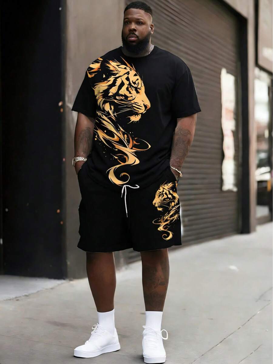 Conjunto de pantalones cortos y camisa de manga corta con estampado de rayas de tigre negro y dorado para hombres de talla grande, corte holgado y estilizador en 2 piezas - Multicolor - Ver 1