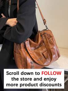 大容量、超火爆、高端品质包包，新款单肩斜挎包，商务旅行行李包，女士时尚休闲复古百搭手提包，简约托特包，中世纪机车包，商务休闲女包，完美适用于办公室、商务和工作场合，复古风格女包，女士托特包，新款女士托特包 - 棕色 - 查看 3