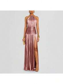 Sleeveless Backless Women's Metallic Pleated Split Strap Neck Dress - 藏蓝色 - 查看 4