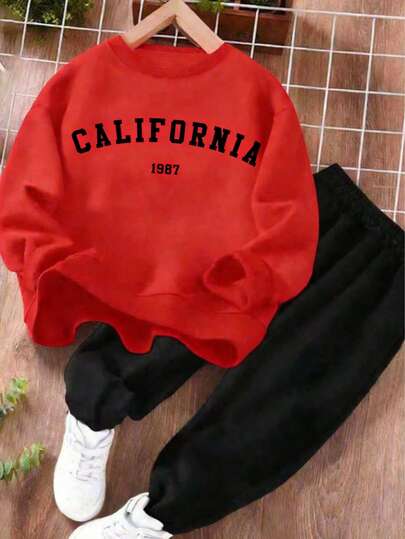 KID009|Conjunto de 2 piezas| Tween Boy Casual Simple Long Sleeve Sweatshirt And Pants Set, California 1987, Suitable For Autumn
