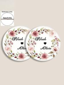 1/2/4/6/10 Pc  Personalized Custom Names: Handmade Round Wooden Coasters, Wedding Coasters | Custom Name Wreath Design, Ideal For Weddings, Table Decorations, Wedding Favors, Gifts, And Valentine's Day Decorations - Beige - View 4