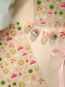 1pc Cute Mushroom Green Apple Strawberry Cartoon Jelly Fruit Star Bow Nail Art Stickers 5D Whimsical Kawaii Nail Decals Self-Adhesive Manicure Accents For Girls - Multicolor - View 6