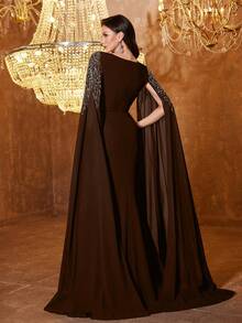 UNITHORSE 女款方領超長袖刺繡修身亞麻正式洋裝，適合度假、婚禮、派對、秋季 - 咖啡棕 - 查看 2