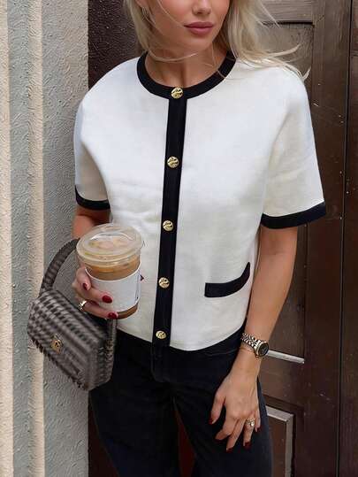 Women's High-End Sweater, Minimalist Fashion Casual Knit Top, Short Sleeve Button-Up Blouse, Comfortable & Versatile, All-Match Style, Suitable For Elegant Commuting, Fashionable & Graceful Item