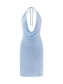 Women's Casual Beach Vacation Elegant Minimalist Sexy Halter Backless Tie Waist Beaded Bodycon Mini Dress, Spring/Summer - Blue - View 6