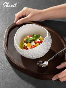 shoxil 1pc Ceramic Bowl, Textured Crafted Tray, Tableware, Black & White, Asymmetrical Wavy Edged With Textured Details, Suitable For Rice/Soup, Modern Dinnerware Set, Fit For Daily Dining, Family Meals, Restaurant - Bowl - View 2