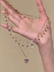 2件套紫色爱心吊坠项链，多层精致颈链，女士款 - 紫色 - 查看 3