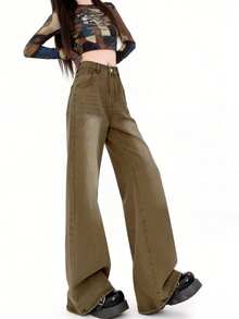 高腰复古美式修身直筒九分女式牛仔裤，休闲春季款 - 卡其色 - 查看 7