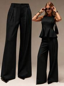 Women's Black Woven Wide Leg Long Suit Pants, With Pockets, Non-Stretch - Black - View 2