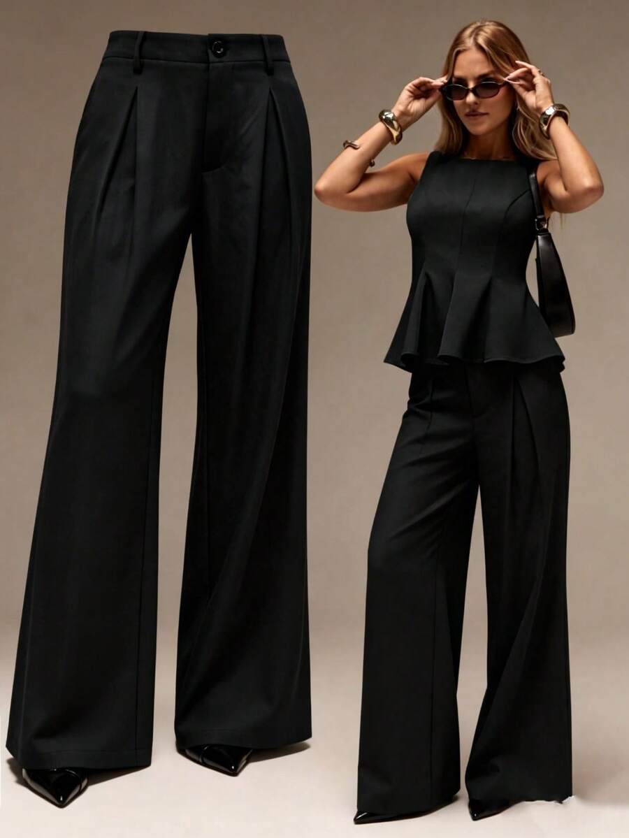 Women's Black Woven Wide Leg Long Suit Pants, With Pockets, Non-Stretch