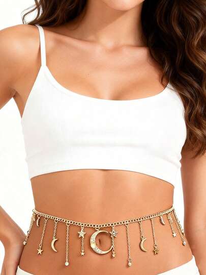 SHEEGIOR 1 Piece Gold Color Shiny Rhinestone Opal Moon Star Pendants Waist Chains Tap Dance Dance Belly Dance Accessories Decoration Belly Chains Hip Chains Party Decorative Ornaments