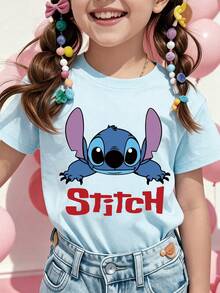 Disney Stitch Character Printed Pattern T-Shirts For Girls - Children's Clothing Design Short-Sleeved Casual And Cute Style Comfortable And Casual Wear All Year Round Suitable For Parties And Play Machine Washable Gift Children's Clothing Girls' Short-Sleeved Shirts - Baby Blue - View 1