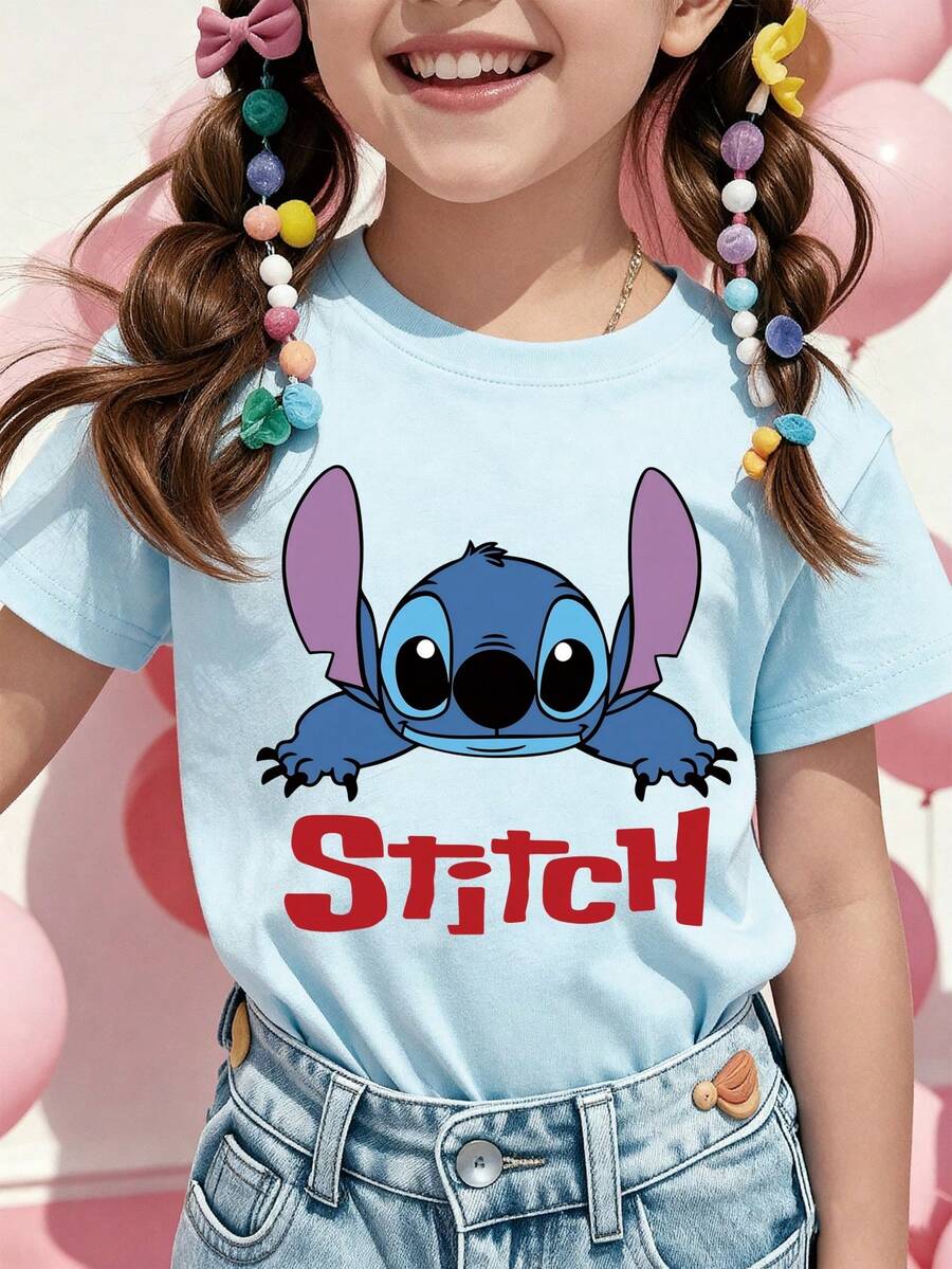 Disney Stitch Character Printed Pattern T-Shirts For Girls - Children's Clothing Design Short-Sleeved Casual And Cute Style Comfortable And Casual Wear All Year Round Suitable For Parties And Play Machine Washable Gift Children's Clothing Girls' Short-Sleeved Shirts - Baby Blue - View 1