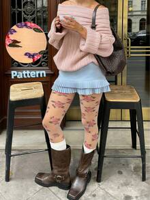 1 Piece Women's White Rose Tone Tights High Stretch Breathable Versatile Pantyhose For Daily Outings And Dates - White - View 1