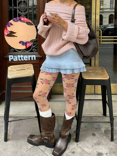 1 Piece Women's White Rose Tone Tights High Stretch Breathable Versatile Pantyhose For Daily Outings And Dates